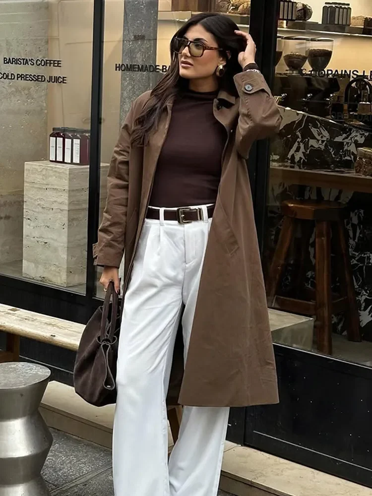 Casual Full Sleeve Lapel Long Windbreaker For Women Retro Deep Brown Single Breasted Oversize Coat Lady New Thin Commute Outwear