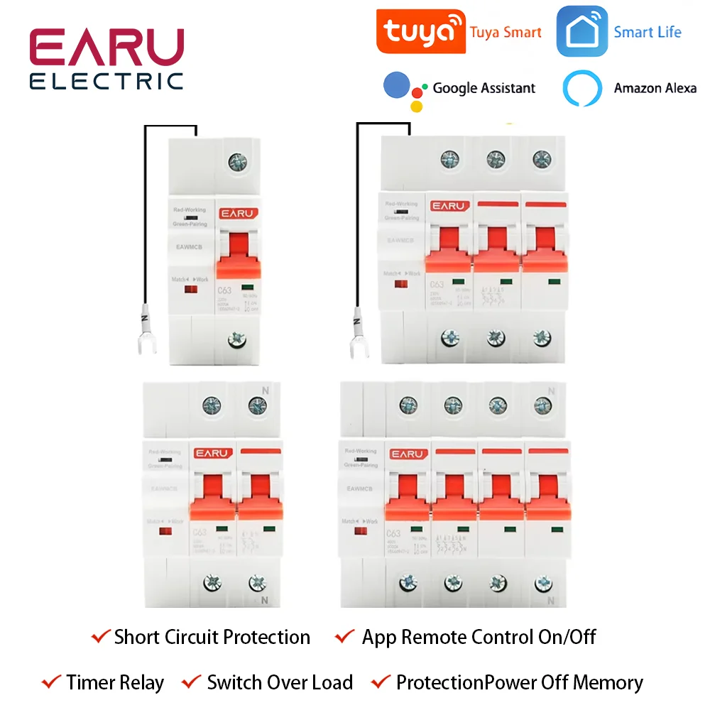 1P 2P 3P 4P TUYA  APP WIFI Circuit Breaker Timer Voice Remote Control Smart Life Automatic Intelligent Interruptor WIFI Switch