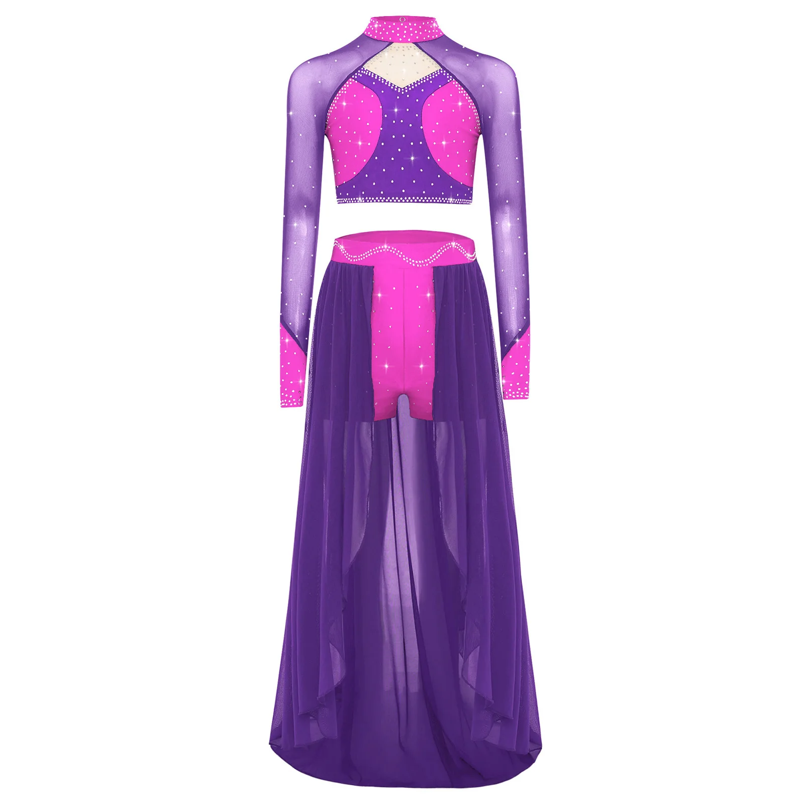 ชุดเต้นบัลเลต์เด็ก ชุดเต้นลีริคอล โมเดิร์น คอนเทมโพรารี แขนยาว ประดับคริสตัล ช่วงหลังเว้า ครอปท็อป กระโปรงทรงเอ