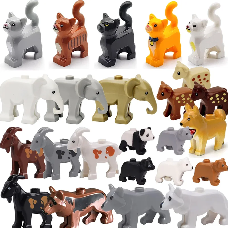 MOC City Animal Building Blocks Goat Wolf Penguins Eagle Goat Rabbit Pet Cat Dog Dairy Cattle Accessories Mini Bricks Toys Gifts