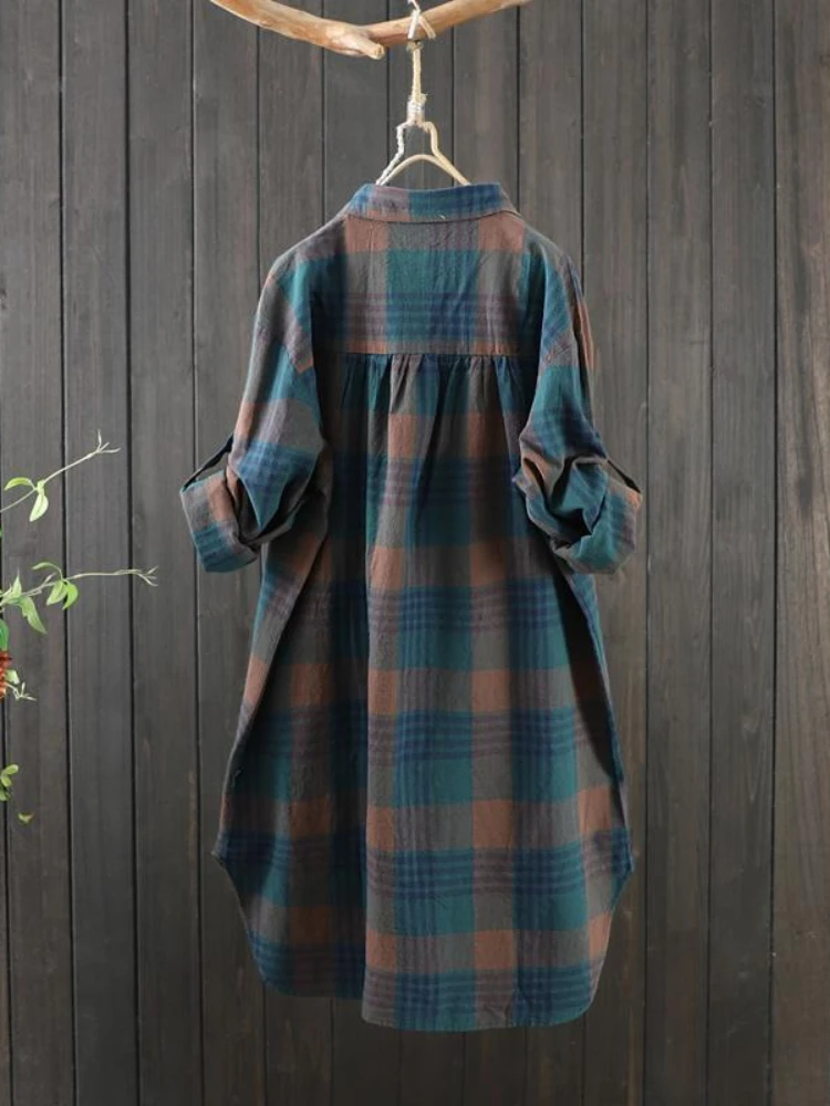 Plus Size Cotton Linen Medium Long Plaid Women Autumn Shirt Vintage Casual Female Shirts Coat Loose Blouse Winter Clothes