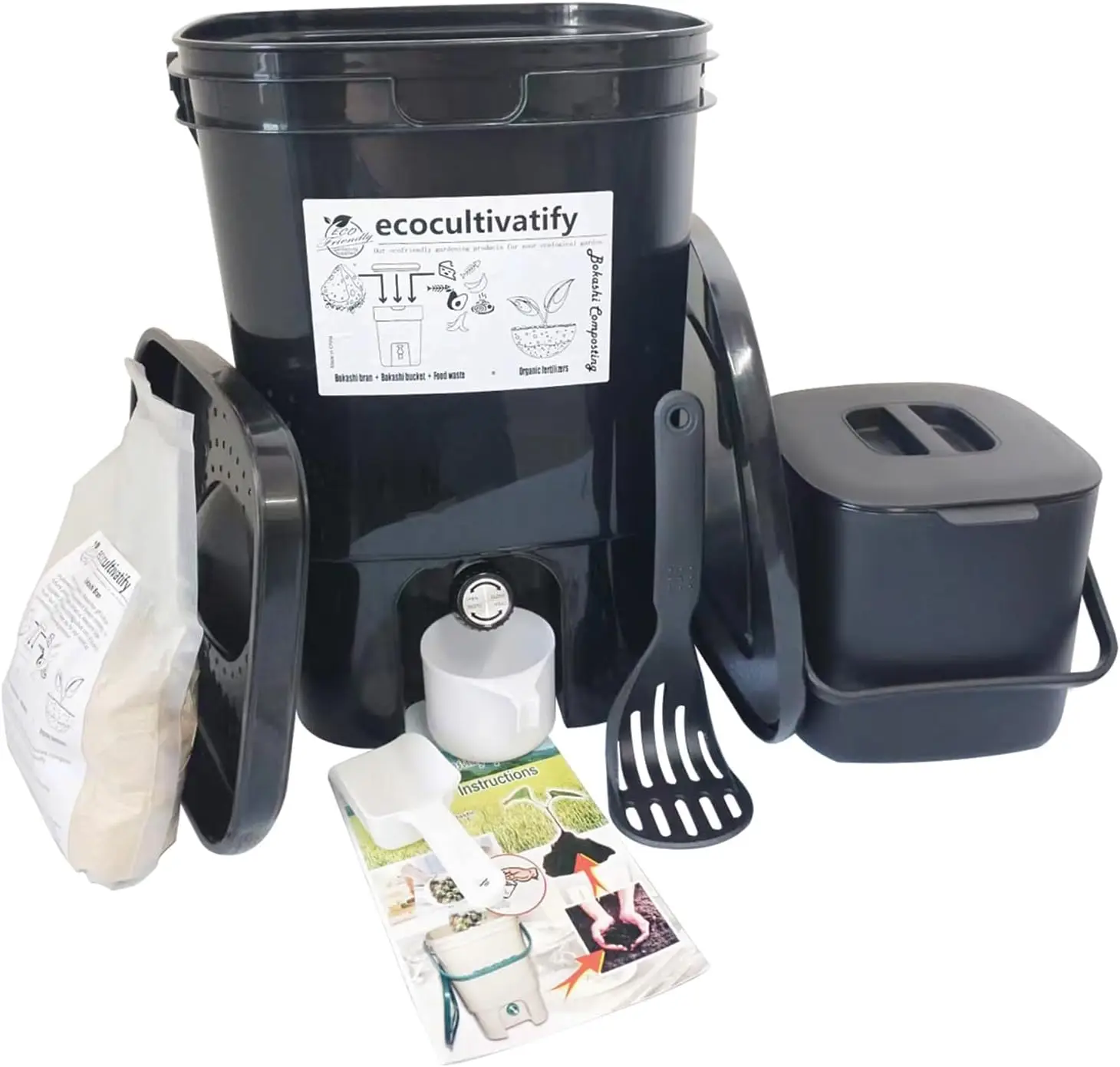 Kitchen Composting - Plastic Bokashi Bucket in Black, 5.28 Gallon, Air Sealing Lid, Comes with Bran and Starter