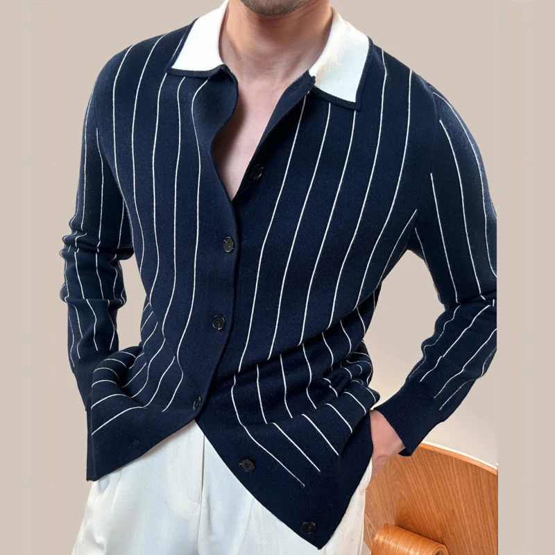 Men Sweater Cardigan Autumn Striped Shirt Collar Knitting Sweaters Winter Warm Coat Men Long Sleeved Cardigan High-end Sweater