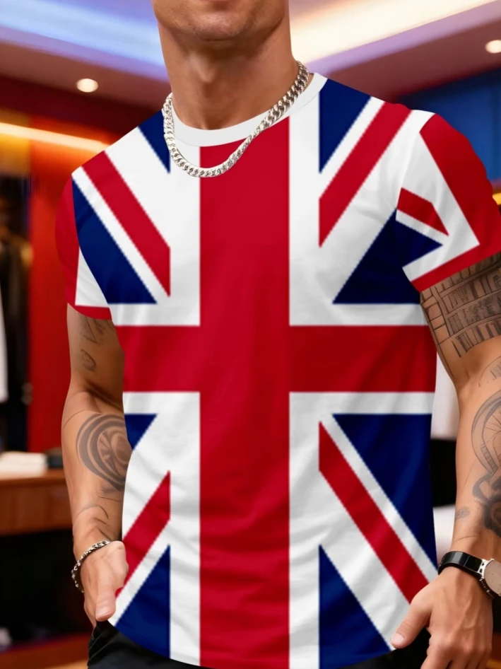 Men Union Jack Flag Graphic Training T‑Shirt, Breathable Quick‑Dry Short Sleeve Top, National Streetwear Jersey for Gym Workout