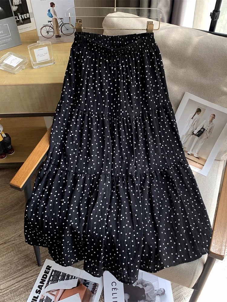 Plus Size Big Brand Clearance Elastic High Waist Polka Dot Mid-Length Skirt Women's 2024 Chiffon Pleat Small A Word Retro