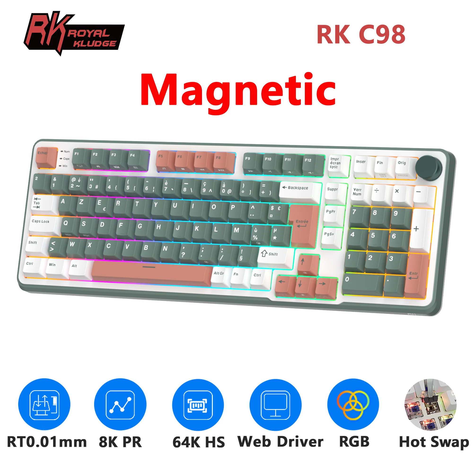 RK ROYAL KLUDGE RK C98 Magnetic Keyboard 0.01mm Rapid Trigg 8000HZ SOCD/Rs 0.125ms RGB Wired Mechanical Esports Gamer Keyboard