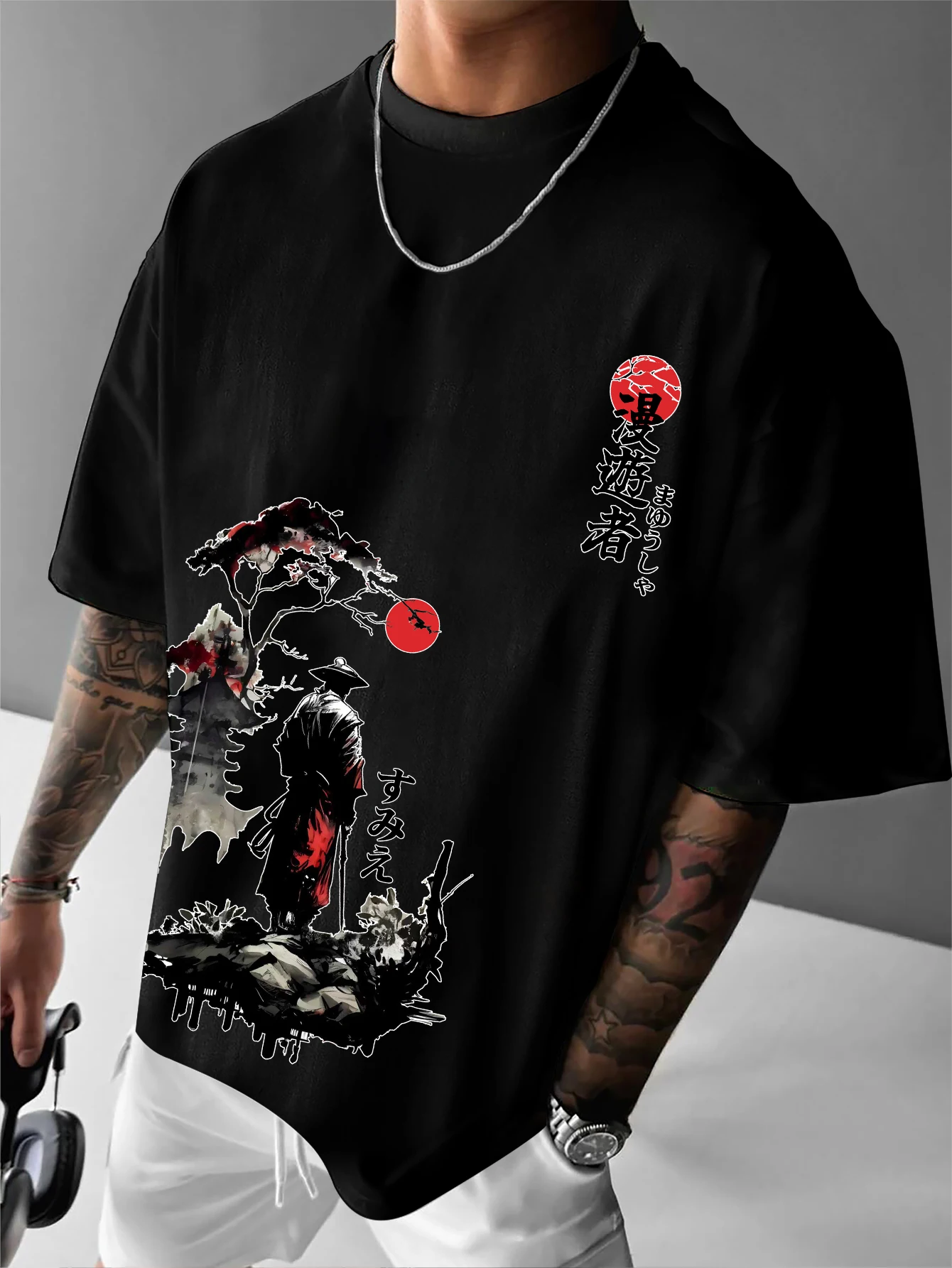 Japanese Samurai Ronin Print Oversized T Shirt Men's Anime Streetwear Vintage Tee  S-XXL