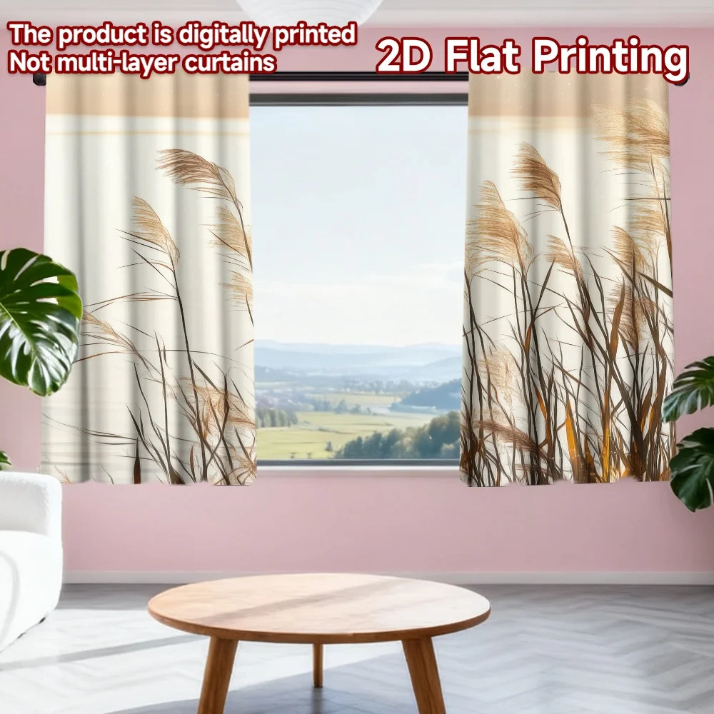 

2D flat printing 2pcs Party Window Curtains Golden Sunset Reeds Digital Printed Polyester Drapes Holiday Decorations for Home