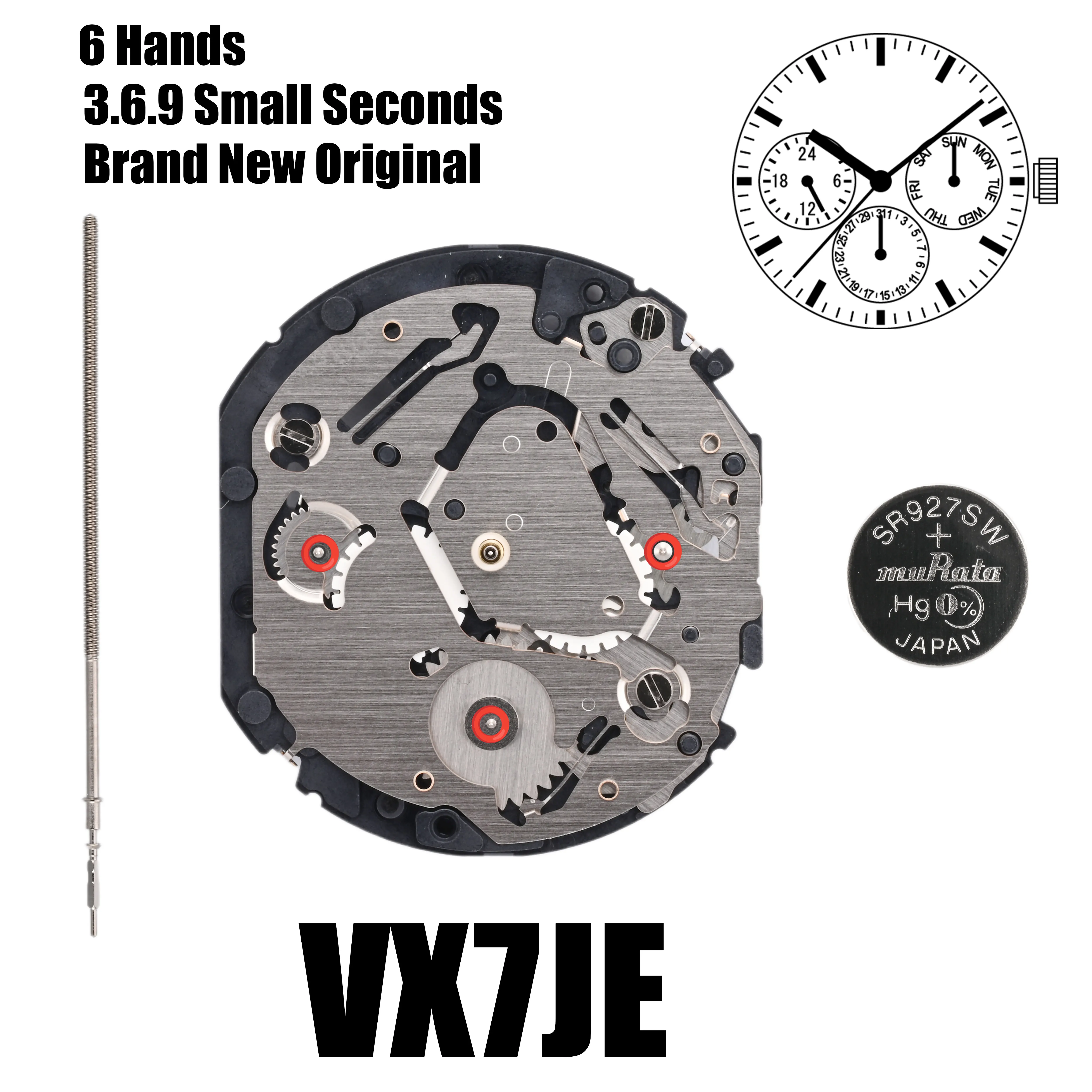 

VX7J Movement VX7JE Movement VX7 Series Quartz Movement 3.6.9 Small Seconds Size:12 3/4''' Six Hands Day / Date/24Hour