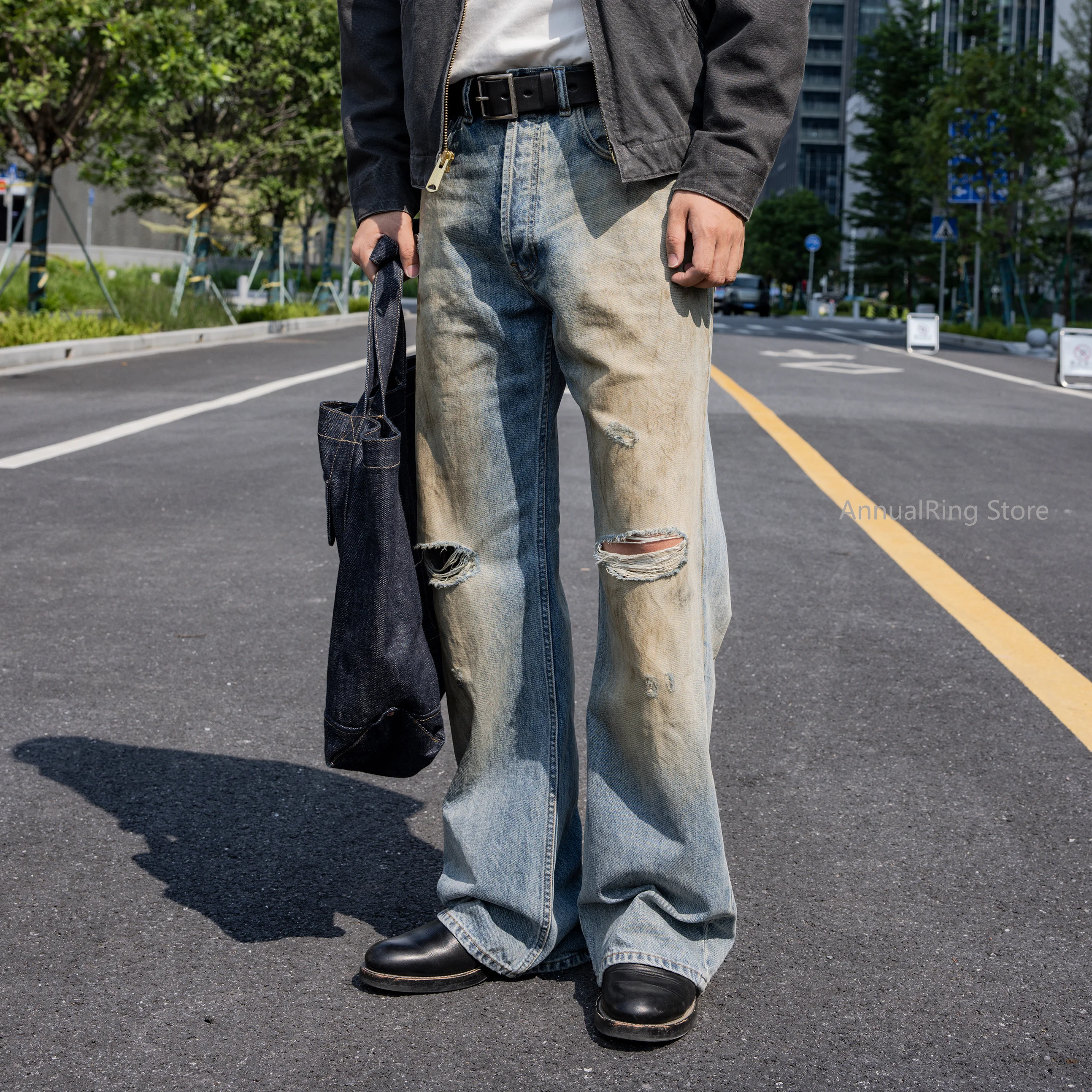 

Красные рваные джинсы Tornado, винтажные потертые потертые джинсы, расклешенные брюки