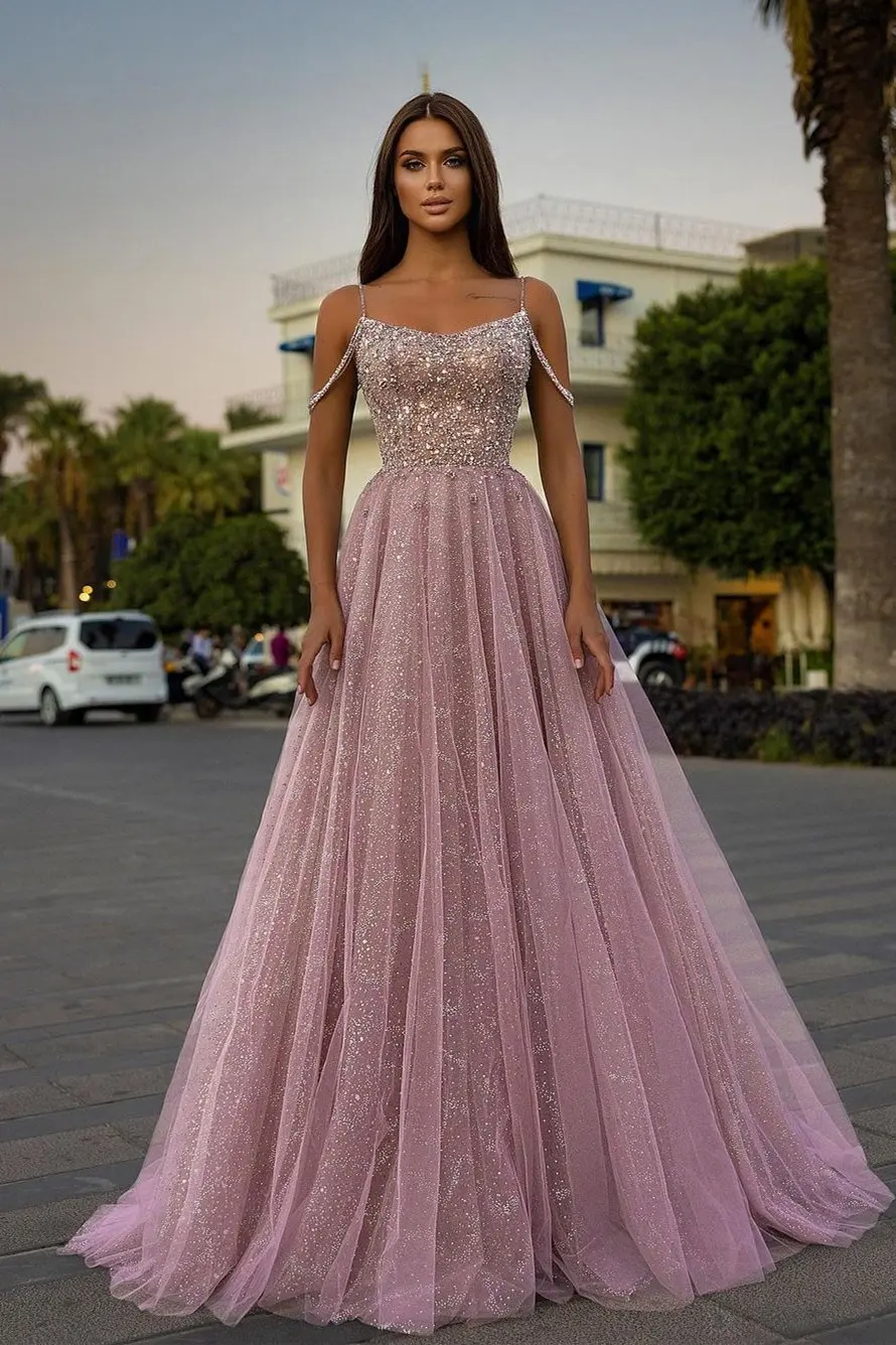 

Pretty Spaghetti-Straps Prom Dress Long With Sequins Beads Soft Tulle Floor Length Custom Made Gown For Women Robes De Soirée