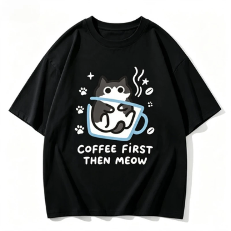 Funny Coffee Cat Print T‑Shirt Unisex Coffee First Then Meow O‑Neck Short Sleeve Loose Tee Casual Summer Streetwear Tops