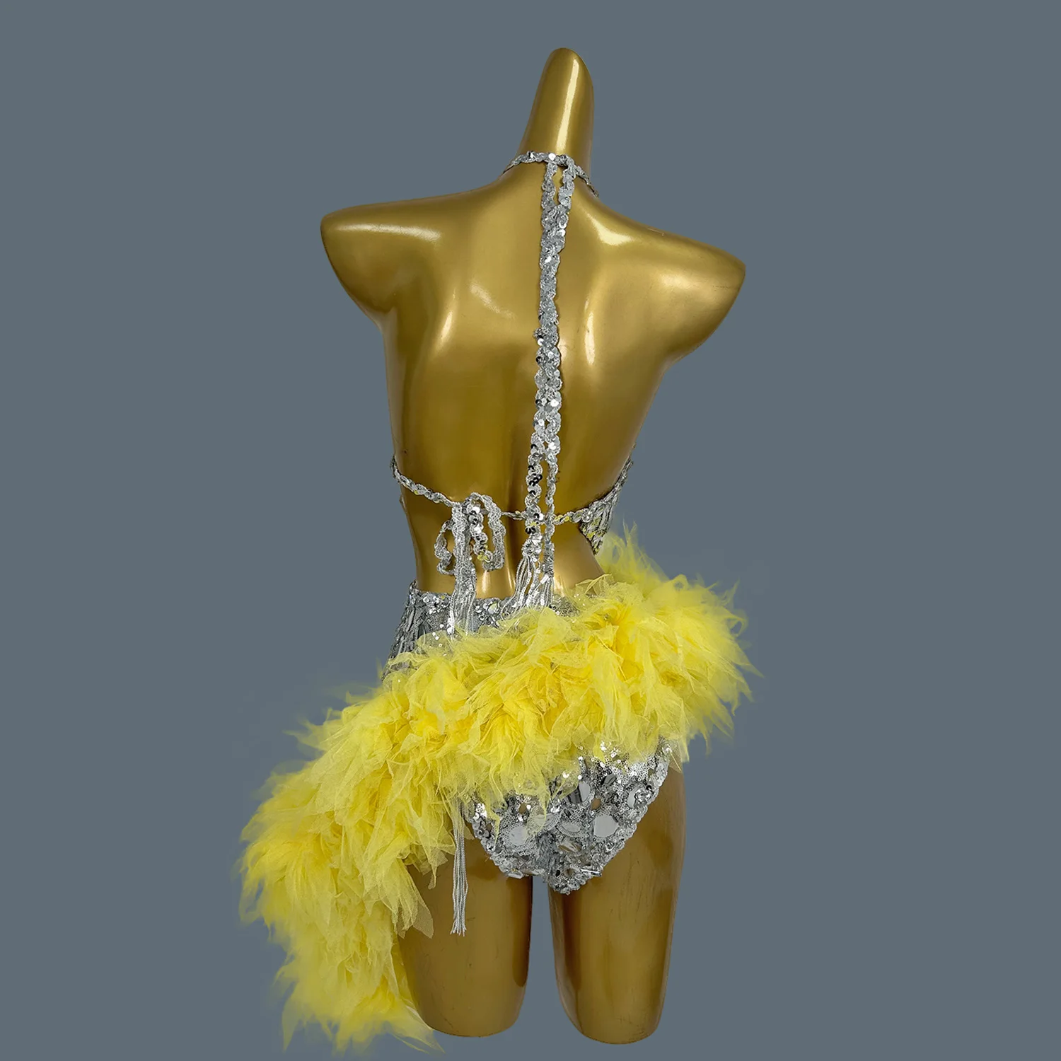 Glitter Yellow Sequin Bodysuit Women Sexy Party Birthday Prom Outfits Nightclub Bar Pole Dancing Drag Queen Costume Yuanjing