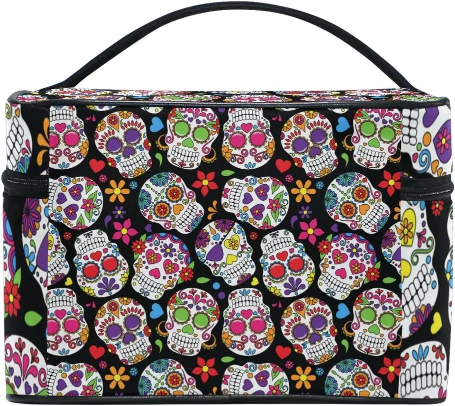 Day of The Dead Sugar Skull Cosmetic Bag Travel Makeup Train Cases Storage Organizer