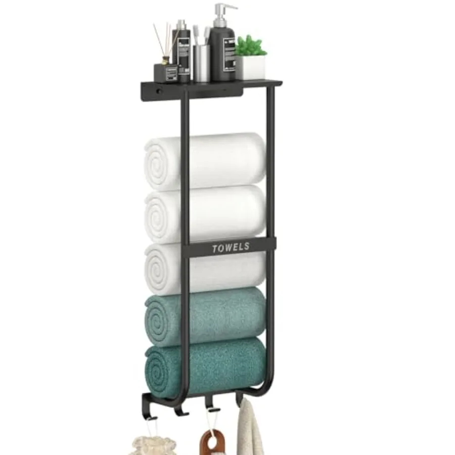 

Towel Rack for Bathroom Black Metal Wall Mounted Towel Holder with Shelf and 4 Hooks Bathroom Towel Storage Organizer