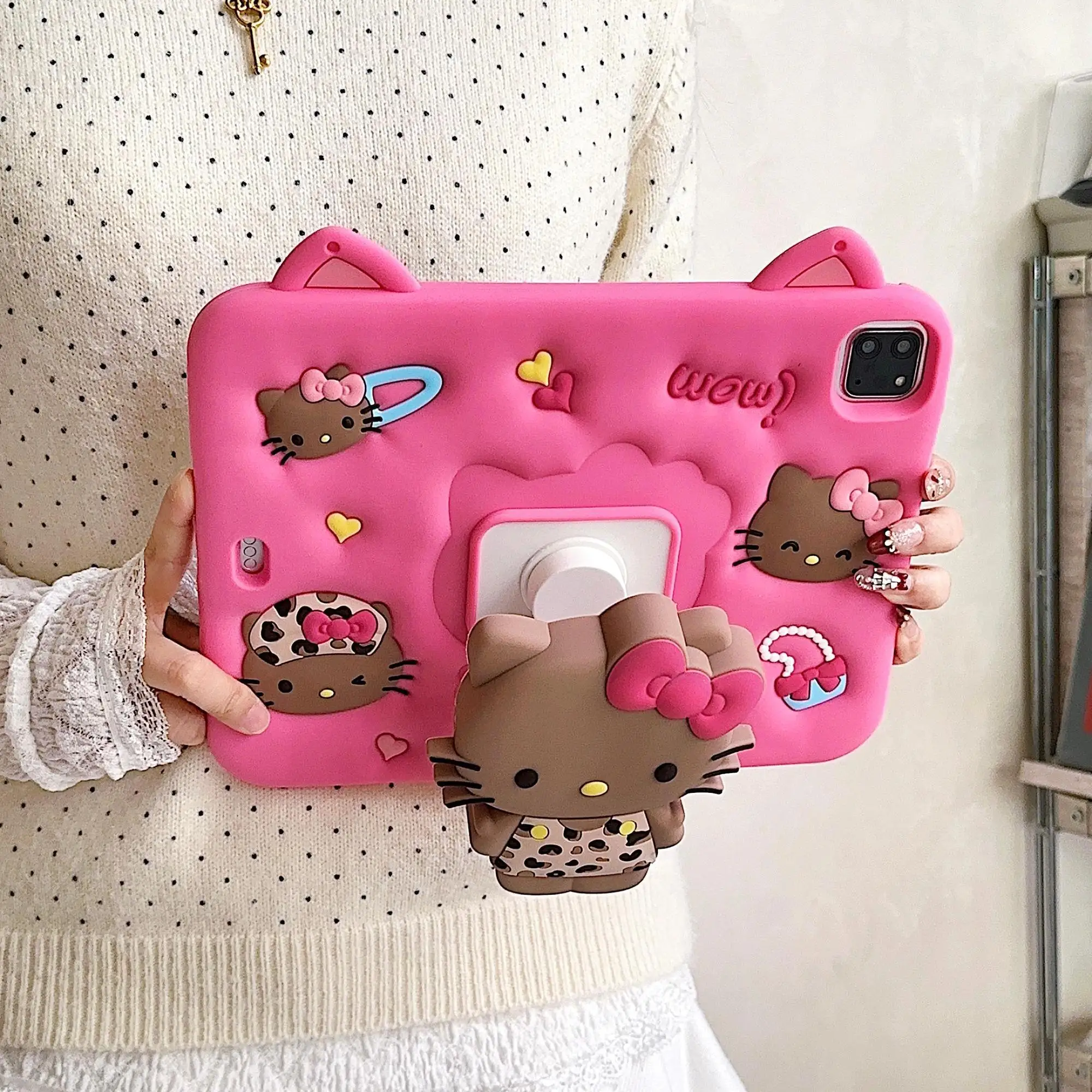 Kawaii Sanrio HelloKitty Leopard Bow Soft Cover for IPad 10.2 11 Air7 Cute Anime Cartoon Durable Breathable Lightweight Gifts view 3