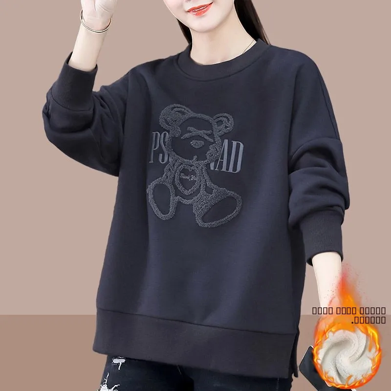 

Женская утепленная толстовка с вышивкой и круглым вырезом, с дизайном медведя, осенне-зимняя, модная, молодежная