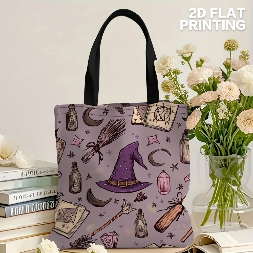 1 Stück Elemente von Halloween Witchcraft Geräumige Tragetasche – Lila Polyester mit Hexenhut, Besenstiel, Kessel und mehr – Detail 6