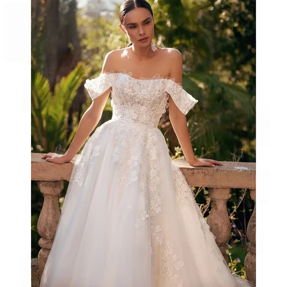 Vestido de novia romántico de tul con flores, Vestido de novia sin tirantes, Apliques de encaje, Vestido de novia con hombros descubiertos, Vestido de novia personalizado
