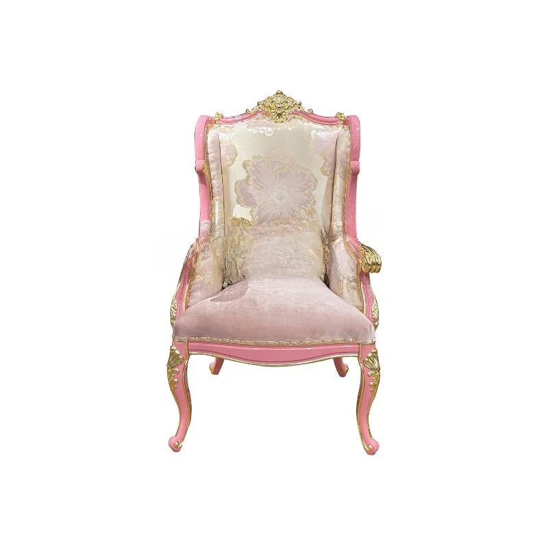 

French solid wood leisure chair, pink fabric lotus embroidery single sofa chair