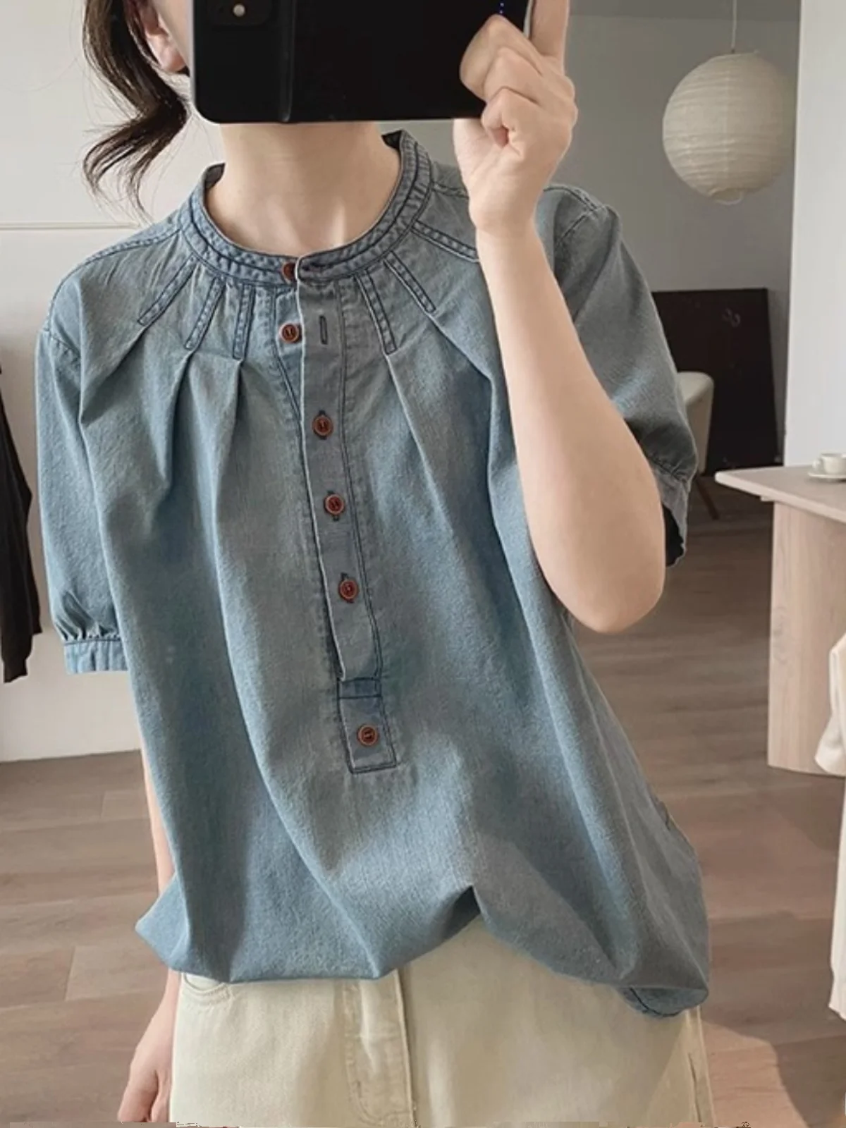 Retro Cotton Denim ort Sve irt Damen Loose Fit Casual Top Vintage Sle Sommer Neuankömmling Schlankheitseffekt
