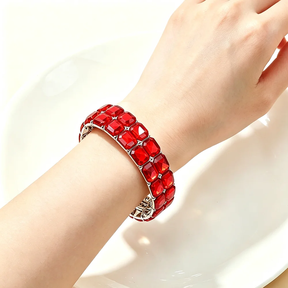 Europäisches und amerikanisches Retro-Doppelreihen-Armband mit geometrischen Formen aus Legierung und Kristallen, elastisch, für Damen, Party, Modeschmuck – Detail 2