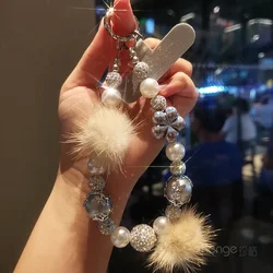 Mobile Phone Lanyard Short Full Diamond Bead Fur Ball Lanyard Short Wrist Strap Flash Diamond Bead Card Strip Universal Lanyard