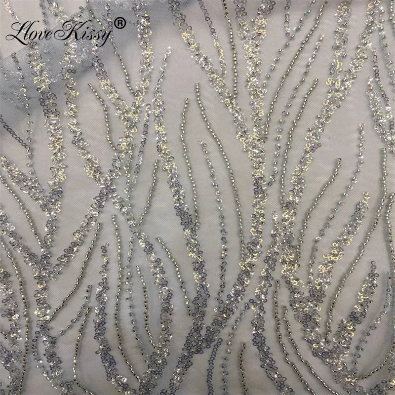 Nuovo tessuto di pizzo con perline di foglie di salice di alta qualità + ricamo di paillettes da 3 mm semplice bellissimo abito da sposa per feste largo: 125 cm