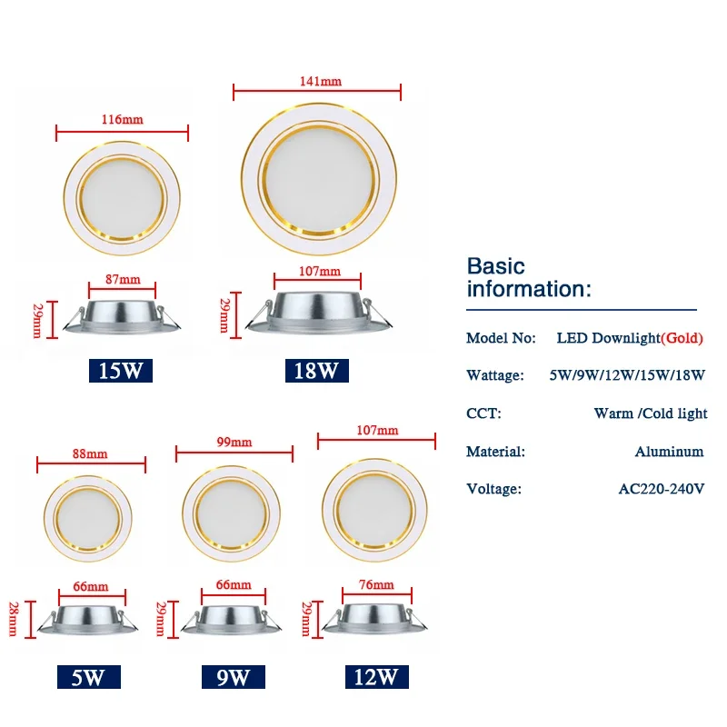 Led Downlights AC 220V 5W 9W 12W 15W 18W Round Recessed LED Ceiling Downlight Lamp Led Panel Spotlight for Home Indoor Lighting