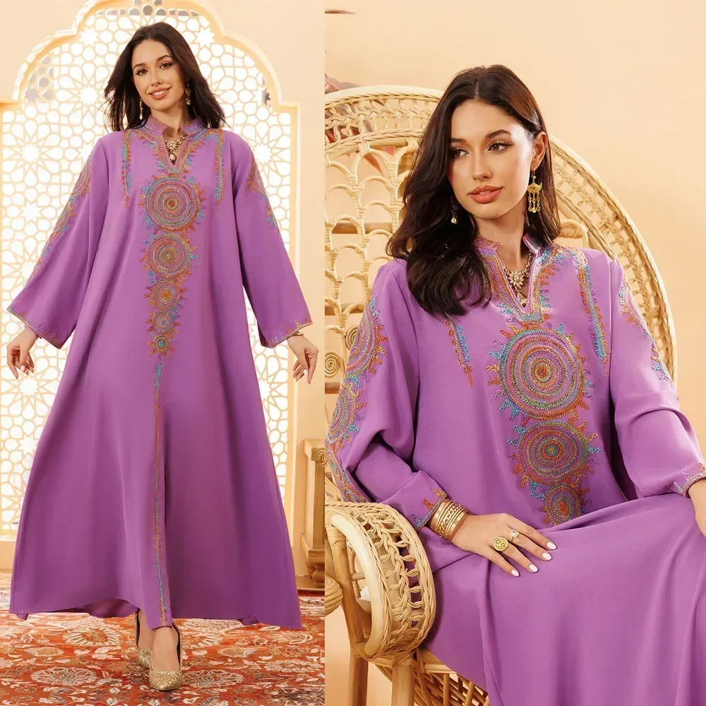 

Women Abaya Colorful Floral Embroidery Dress Muslim Fashion V-neck Jalabiya Casual Loose Robe Elegant Eid Long Kaftan Maxi Gown