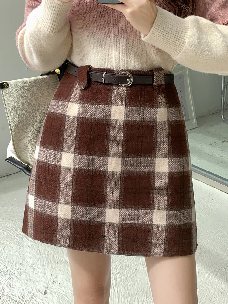 Vintage Fashion Plaid Skirts Women Korean Style Checked Sashes Woolen Mini Skirts with Shorts High Waist Zipper Skirts 2024 New