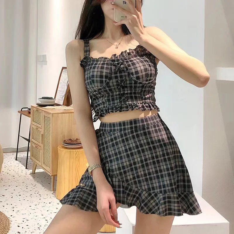 Fashion Plaid Print Women's Split Swimsuit Asymmetrical Falbala Skirt Camisole Lolita Elegant Swimwear