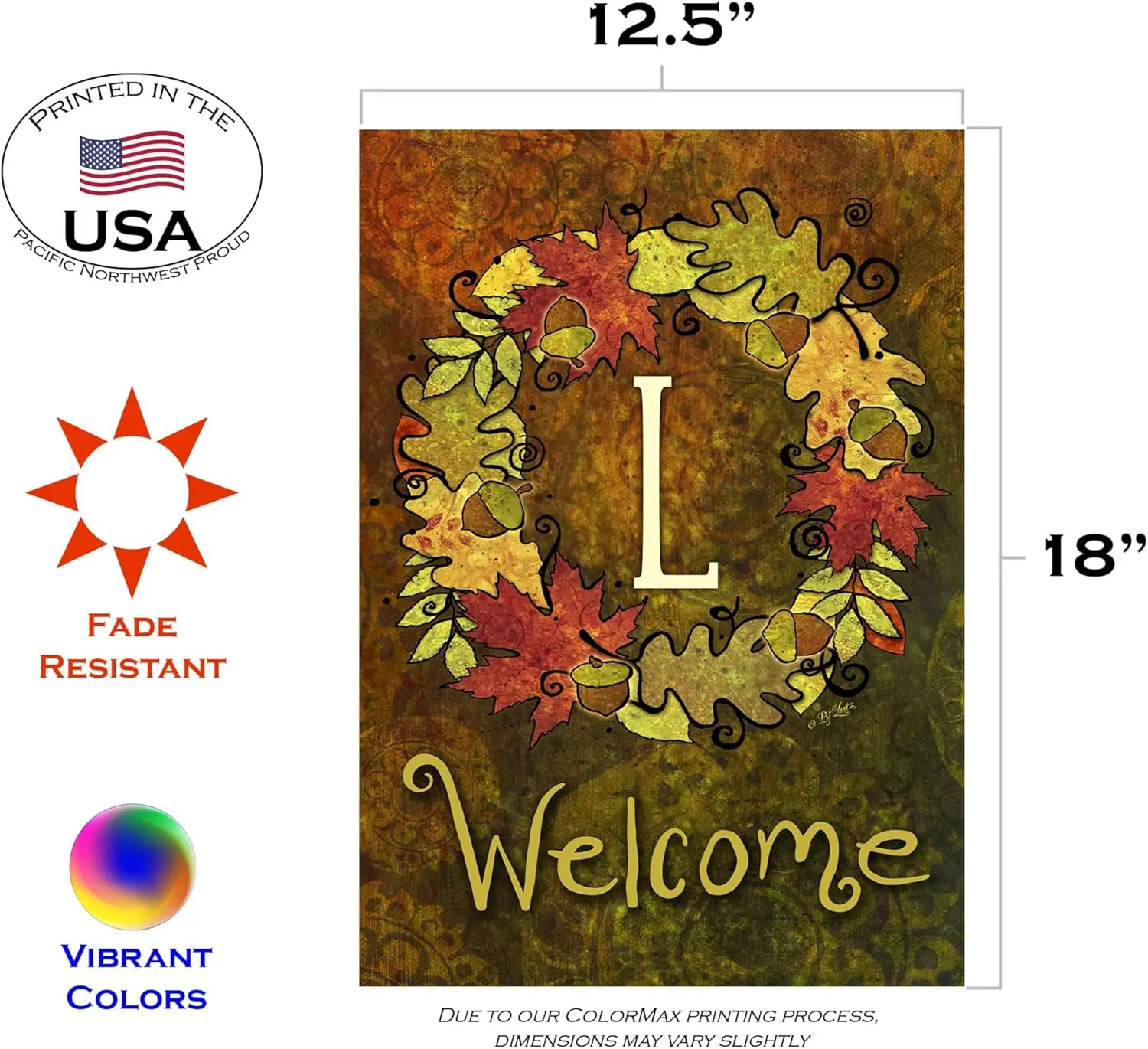 Toland Home Garden 1110153 Fall Wreath Monogram L Fall Flag 12x18 Inch Double Sided Fall Garden Flag for Outdoor House Personali