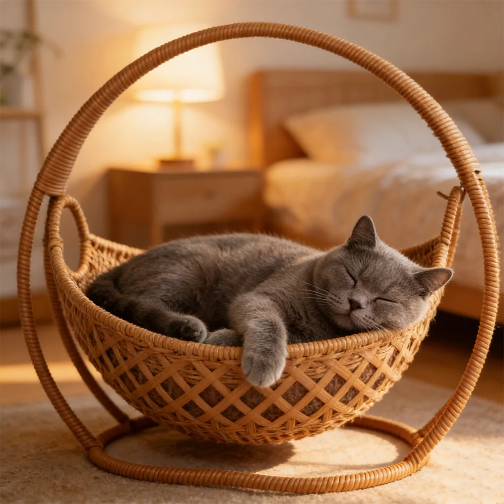 Rattan Swing Cat Bed Elevated Cat Cradle Hammock Cozy Cat Nest with Rocking Stand Indoor Pet Sleeping Basket for Cats