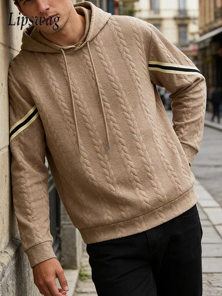 

Стильные мужские худи с полосатыми вставками и жаккардовым узором, весенние повседневные толстовки с длинным рукавом, винтажные худи на шнурке, мужские топы