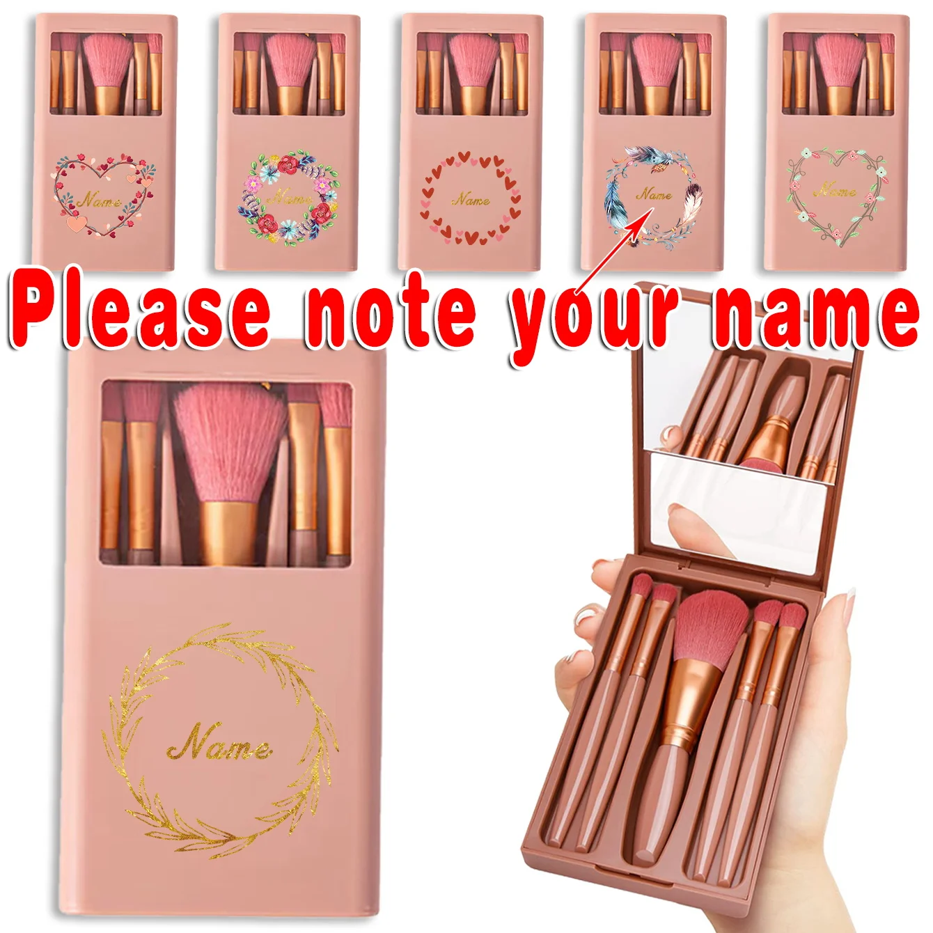 

Customized Name 5Pcs Makeup Brush Set With Mirror Box Portable Cosmetic Powder Brush Holder Foldable Organizer Case Beauty Tool