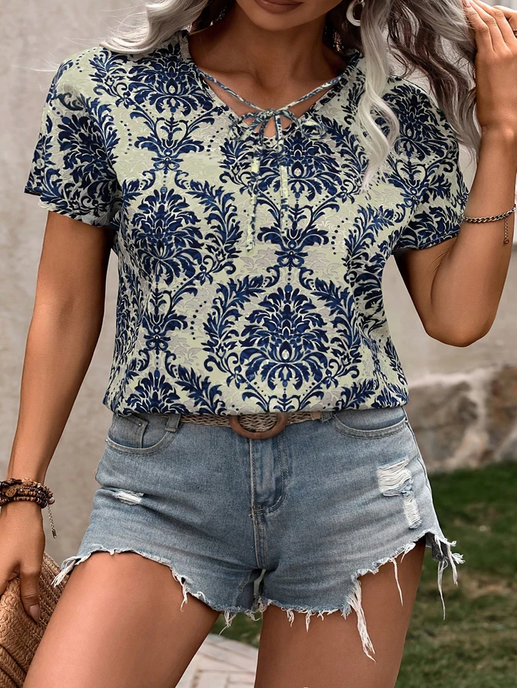 

Плюс размер темно-синяя свободная повседневная рубашка с v-образным вырезом и коротким рукавом с принтом блузка топ женский повседневный домашний топ