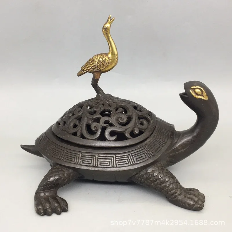 Antique Brass Craft Turtle and Crane Incense Burner Home Living Room Decorative Ornament Retail