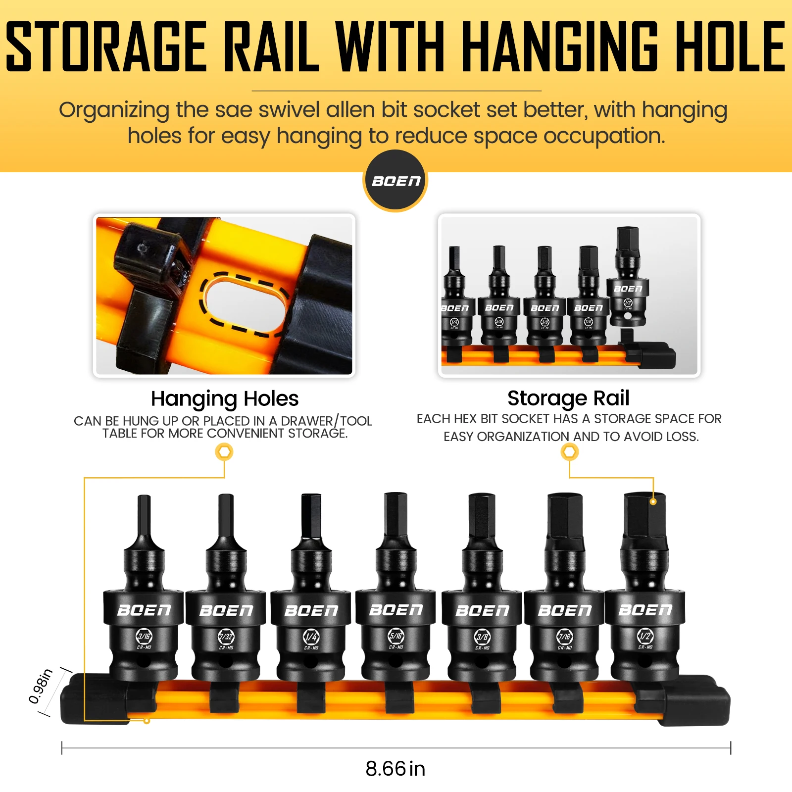 Boen 3/8 "محرك 7 قطع SAE Impact Swivel Allen Bit Socket Set، 360 °   سائق Wobble Hex، حاجز تخزين، فولاذ CR-MO