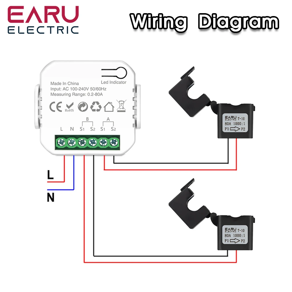 EARU Einphasiger 1-2-Kanal Tuya App WiFi Smart Bidirektionaler Strom-Spannungs-kWh-Monitor PV-Solar-Energiemessgerät mit CT-Klemme – Detail 4