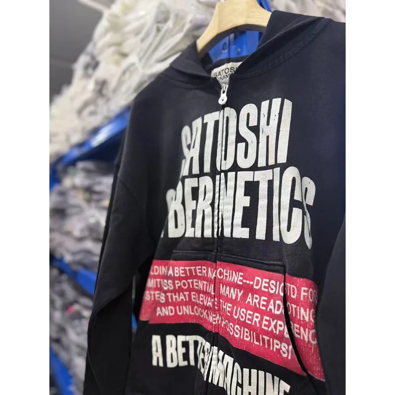 2026 New SATOSHI NAKAMOTO Hip Hop Zip Up Hoodie Vintage Washed Distressed Text Print Loose Jacket