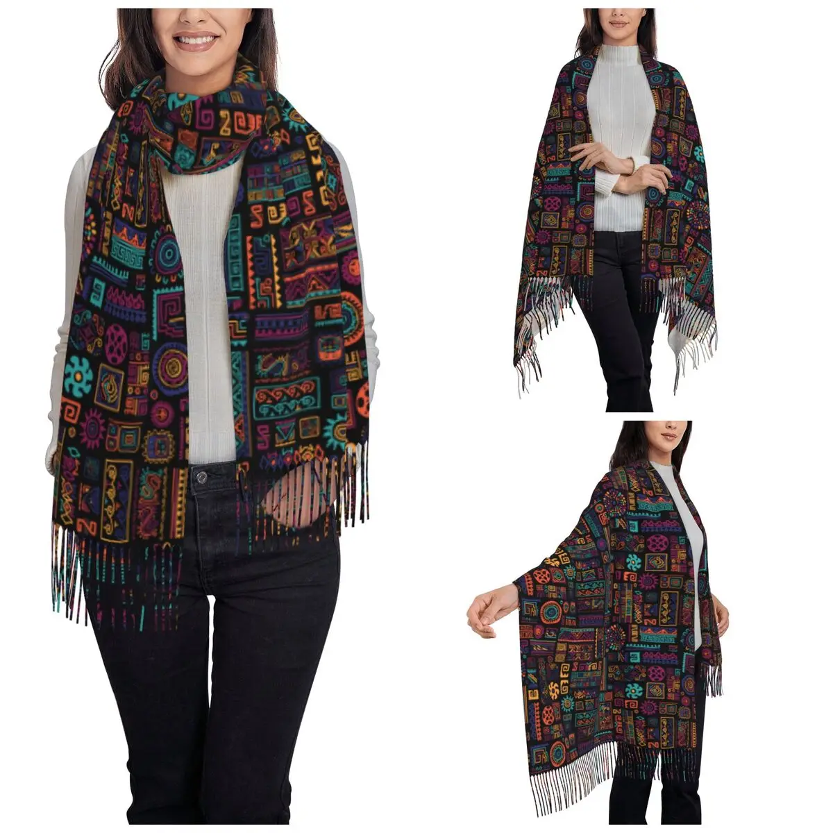 Mexican Ethnic Handmade Ornament Shawls Wraps for Ladies Warm Large Soft Scarf Pashminas Tassel Scarves