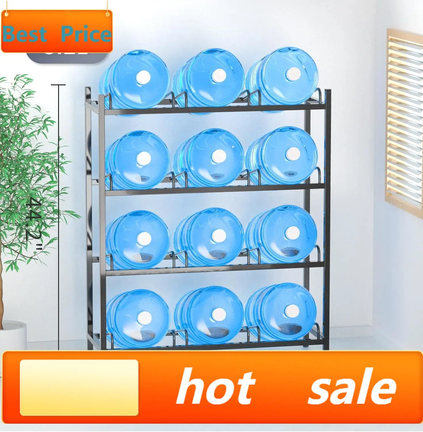 

hot-selling12-Tray Water Jug Rack, Storage 5 Gallon Water Cooler Bottle Holder Stand, 4-Tier Heavy Duty Carbon Steel 5 Gal Water