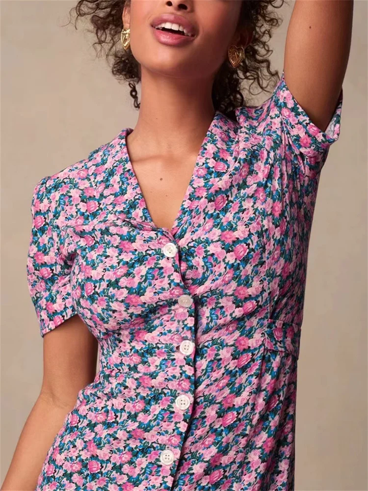 2024 Summer Women Single Breasted Midi Robe Turn-Down Collar Floral Print Short Sleeve Prairie Chic Female 100% Viscose Dress