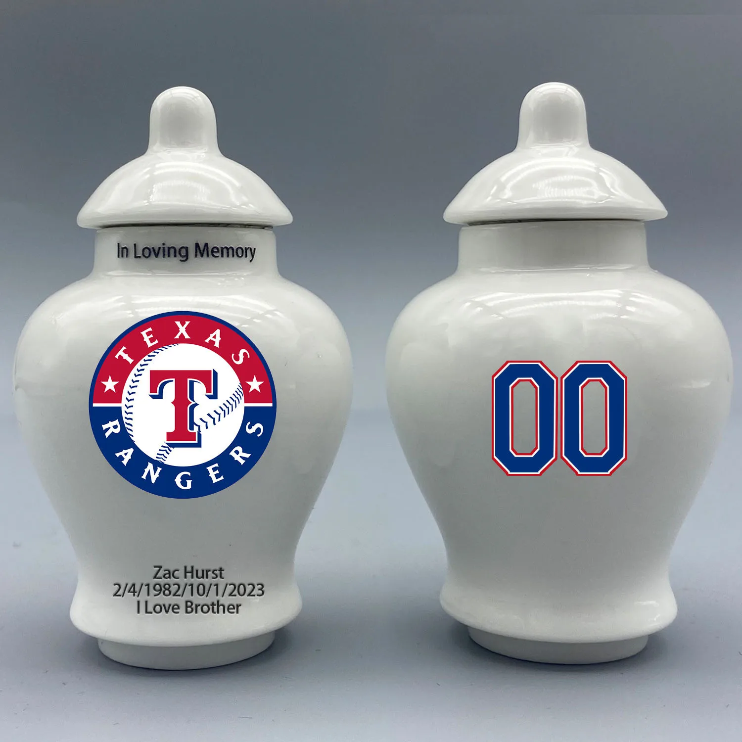 Mini Urn for Texas Rangers-Baseball themed.Please send me the customization information - name/date and number on the urn