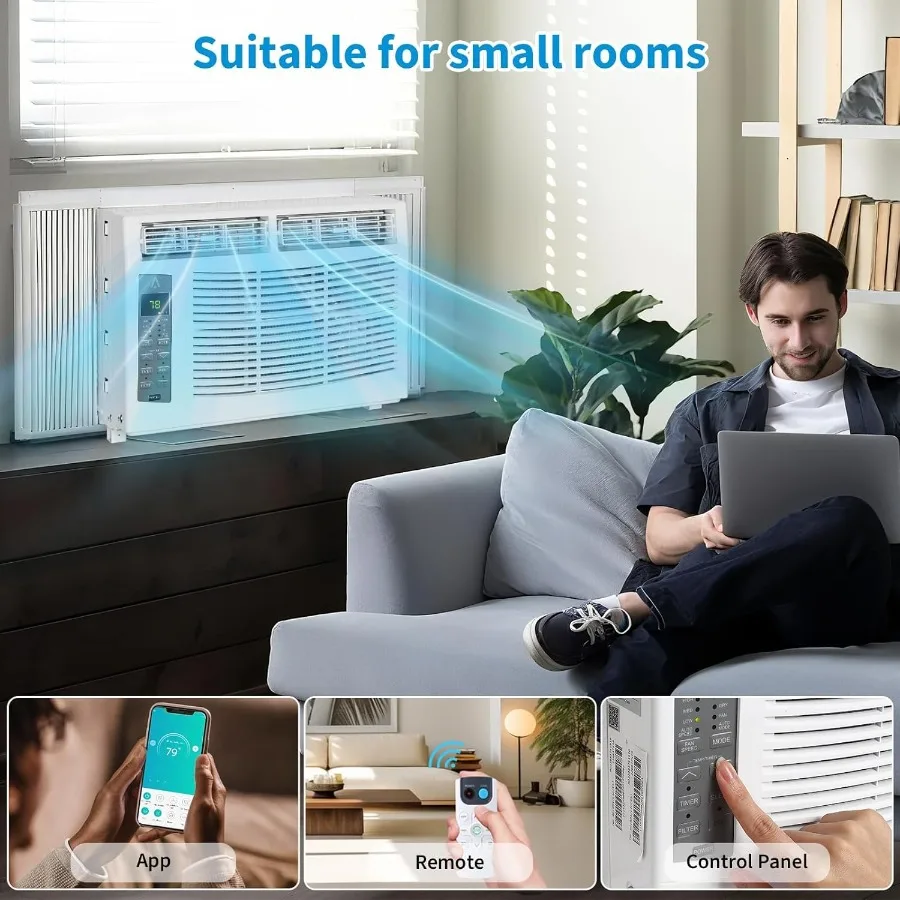 مكيف هواء نافذة 6000 وحدة حرارية بريطانية مع تحكم ذكي مدعوم بتقنية WiFi وتشغيل عن بعد وظيفة مزيل الرطوبة بمروحة 3 في 1 لـ Eff