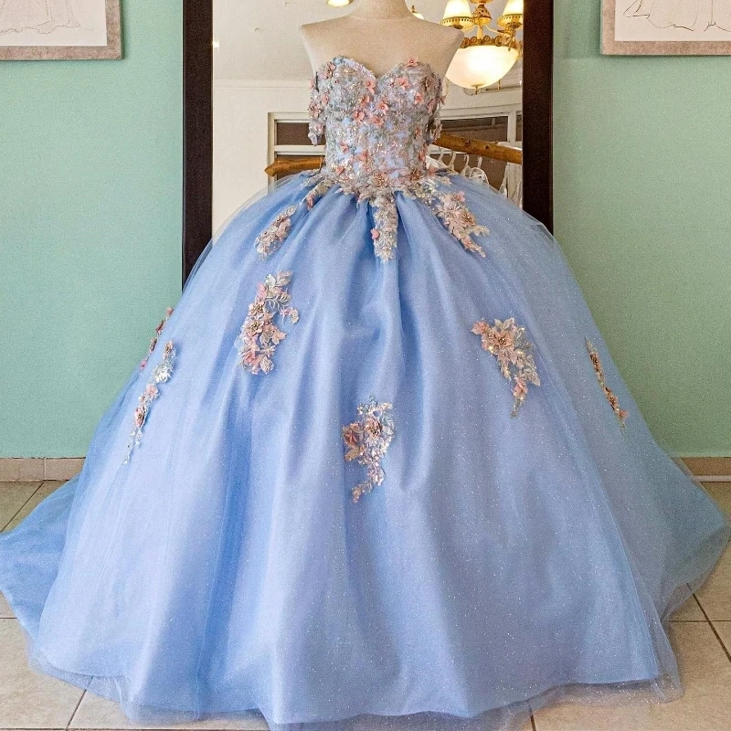 

Sky Blue Shiny Quinceanera Dress Off The Shoulder Ball Gown Applique Lace Beading Crystals Tull Corset Sweet 16 Vestido De 15