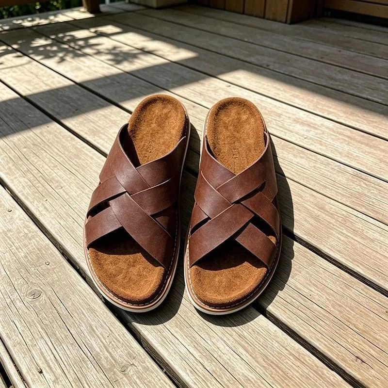 2026 New Cross-Braided Men's Slip-On Sandals Lightweight Breathable Comfortable Versatile Outdoor Wear Preppy Style Sandals