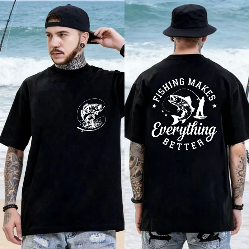 Fishing Lover T-Shirt with Double Sided Print Tops Men's Casual Short Sleeve 'Fishing Makes Everything Better' Tees Streetwear