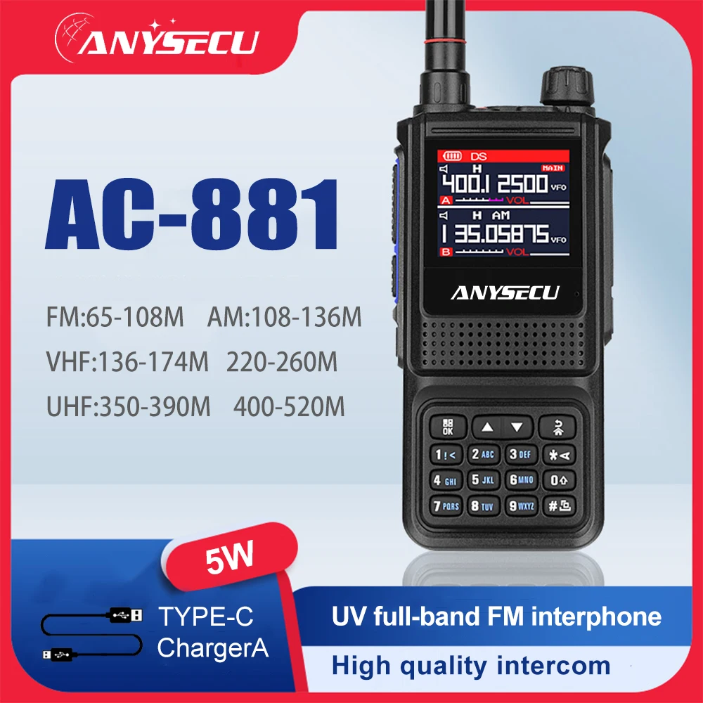 

ANYSECU AC-881 5W Amateur Ham Two Way Radio 256CH Air Band Full Band 108-520MHz Scanner Police Marine Walkie Talkie